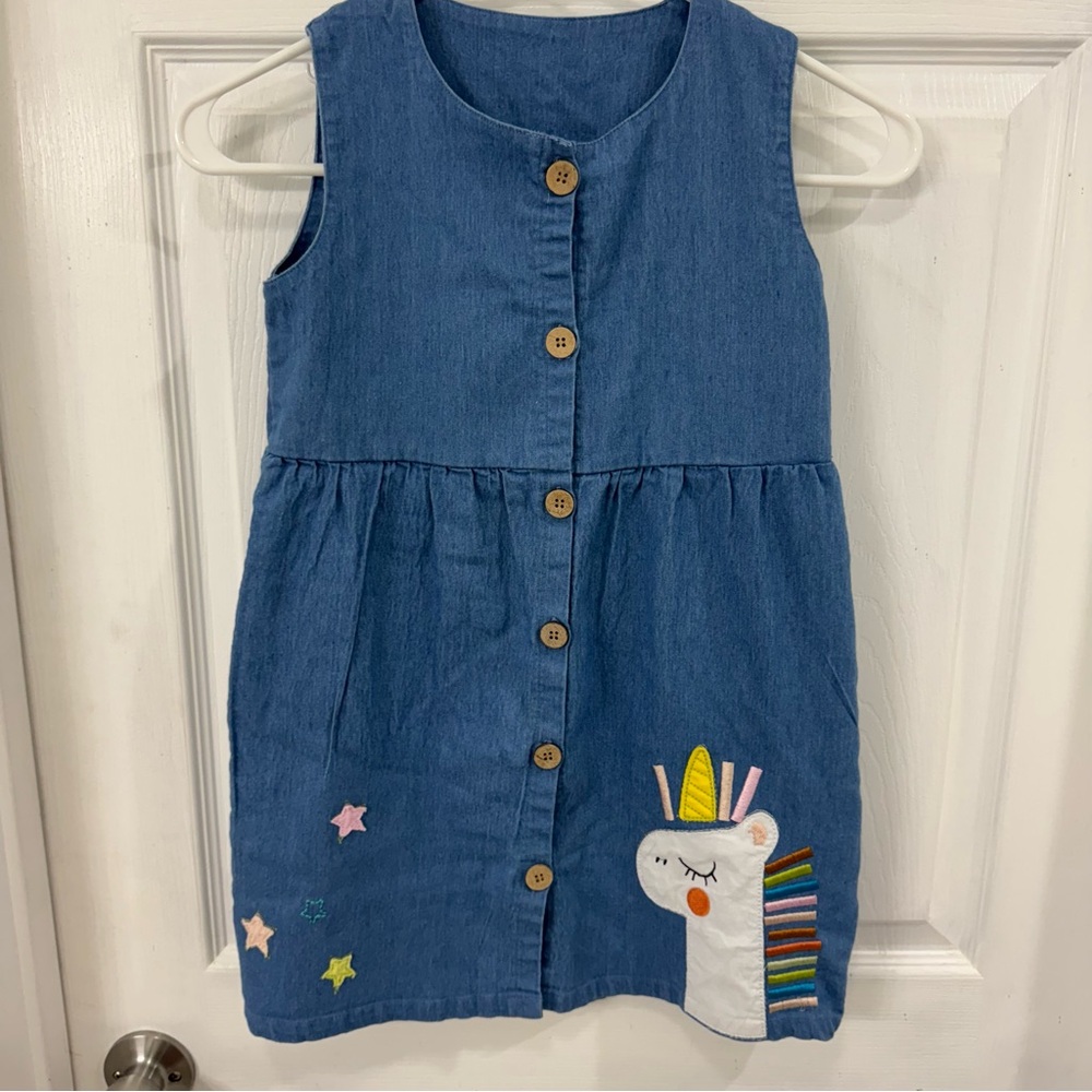 Blue Denim 100% Cotton Unicorn Kids Dress‎
